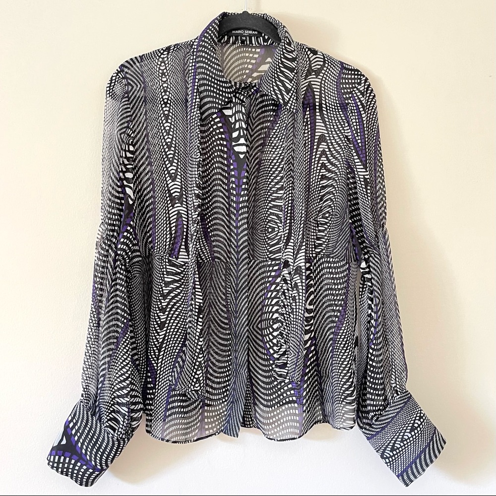 Mario Serrani Long Sleeve Black/Purple Abstract Print Tie-knot Shirt Size US 10